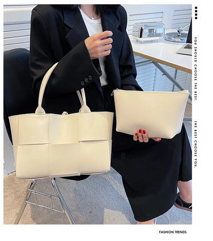 Large Capacity Handbags for Women 2022 Fashion Leather Woven Tote Bags Designer Solid Color Lacing Plaid PU Shoulder Bags