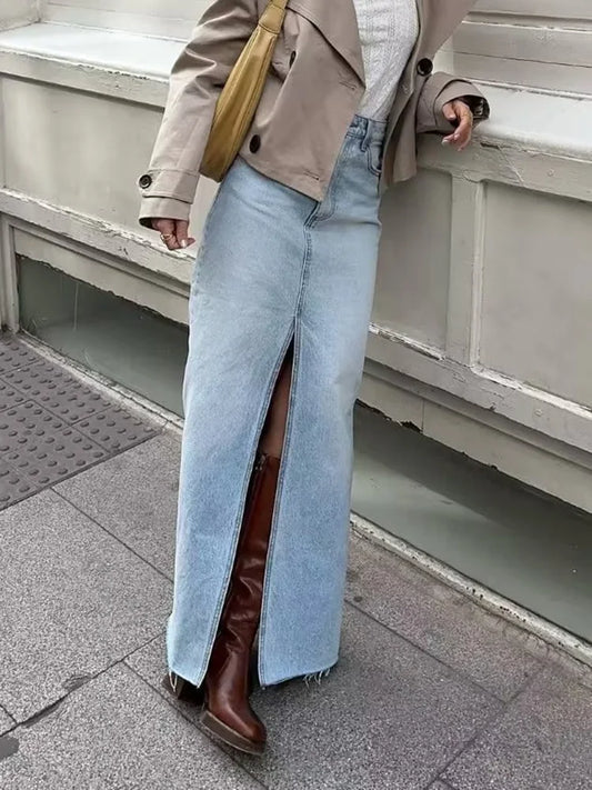 MiuKoMiYa Long Denim Skirts For Women Maxi Spring 2025 Black Front Slit Jean Skirts Womens Long Streetwear Blue Skirt Denim Maxi