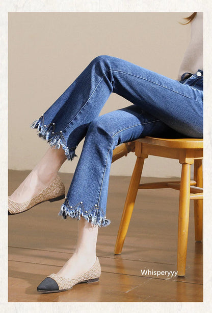 Denim Pants For Women Spring And Autumn Elastic Show Nine Points Trousers High Waist Korea Fashion Flared Jeans Female Casual