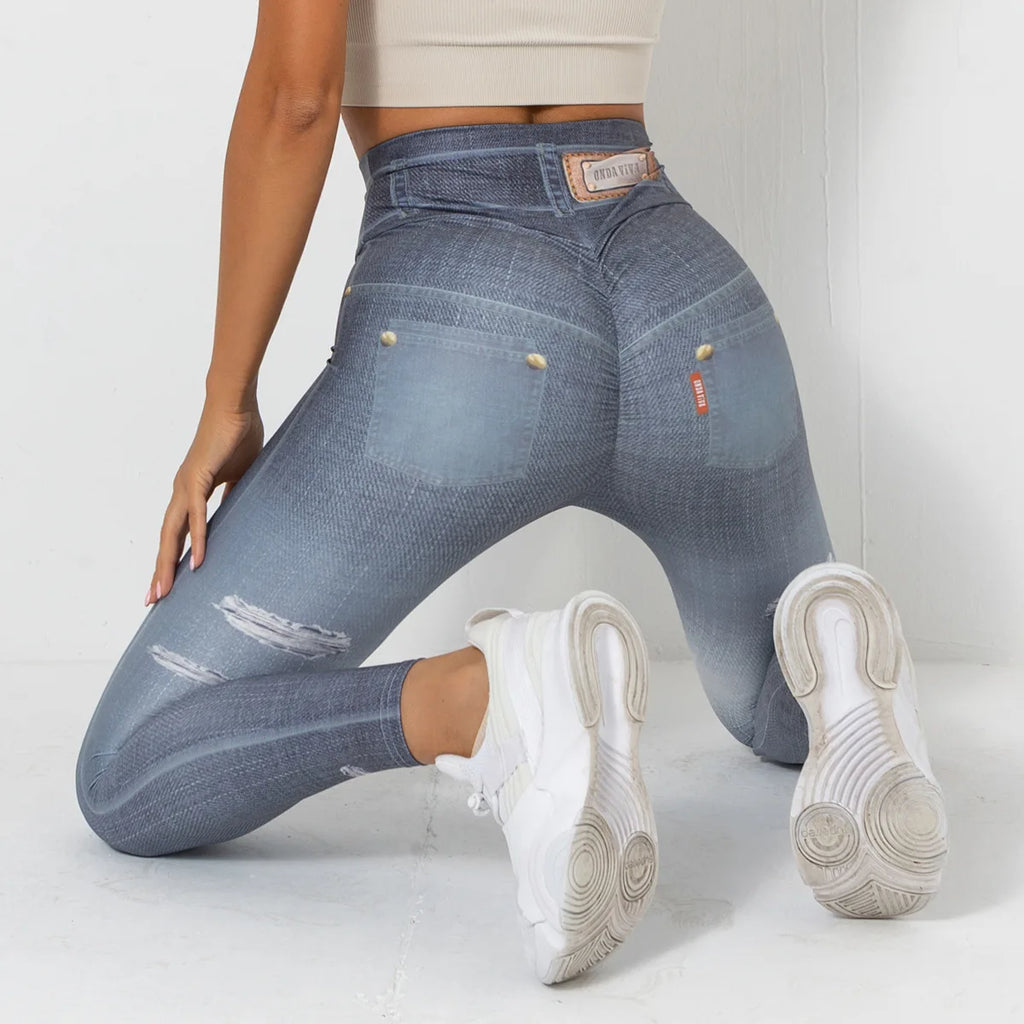 Push Up Yoga Pants Women Fitness Leggings Imitation Jeans Patchwrok Scrunch Tights High Waist Leggings Gym Workout Sport Leggins