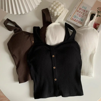 Women's Ribbed Tank Tops Y2K Cropped Tops with Bra Pads Knitted Button Down Suspenders Vest Sexy Camisole Female Short Tops