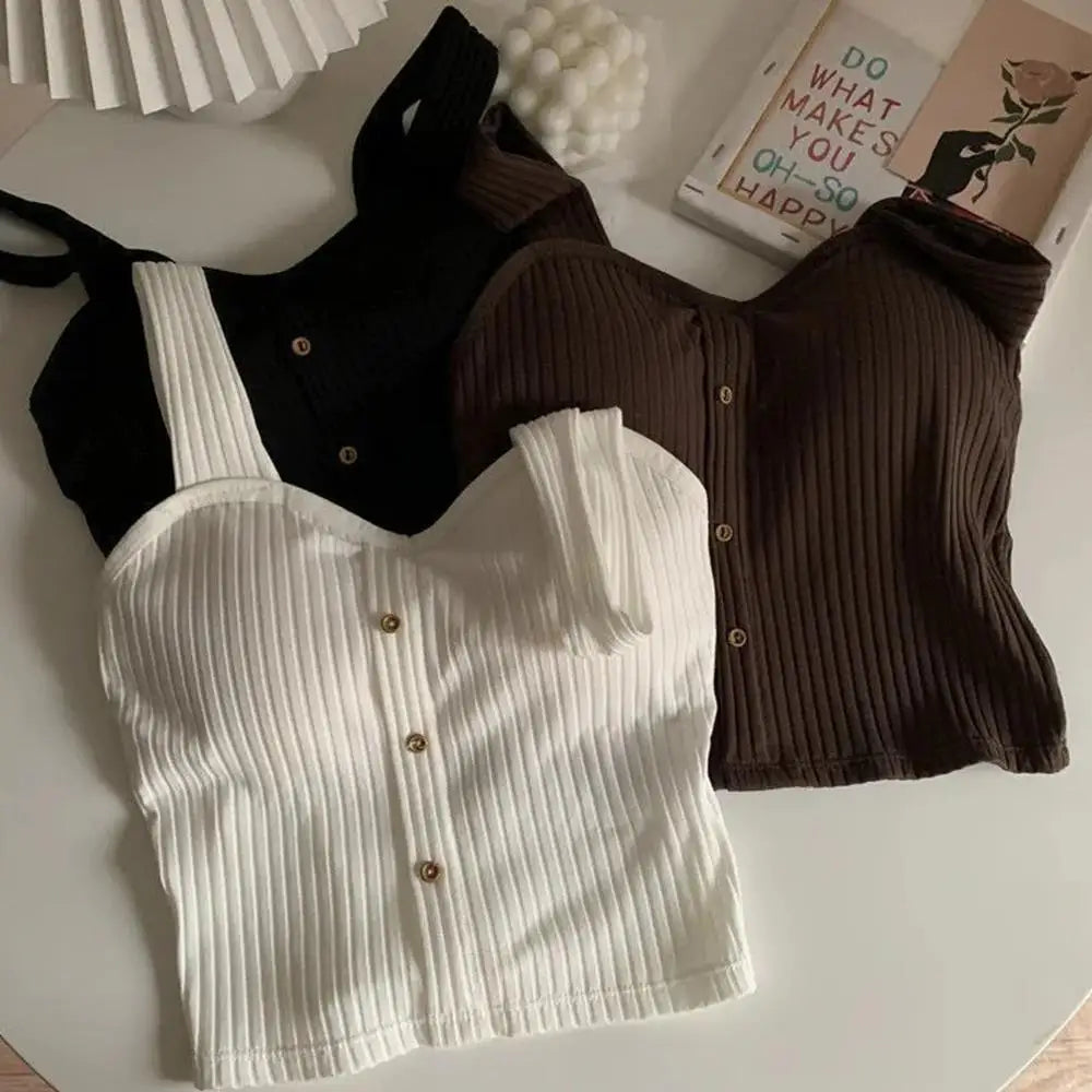 Woman's Top With Built In Bra Button Padded Bra Lady's Top Strap Vest Tank Top Summer Girls Cute Women Casual Female Camisole
