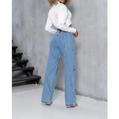 Women's Unique High Waist Vintage Streetwear Baggy Patchwork Design Jeans Casual Daily Slimming Pants High Quality Trousers