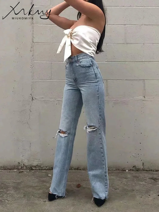 MiuKoMiYa Ripped Jeans For Women 2023 Streetwear Straight Denim Pants High Waist Long Denim Trousers Women Hollow Out Jeans
