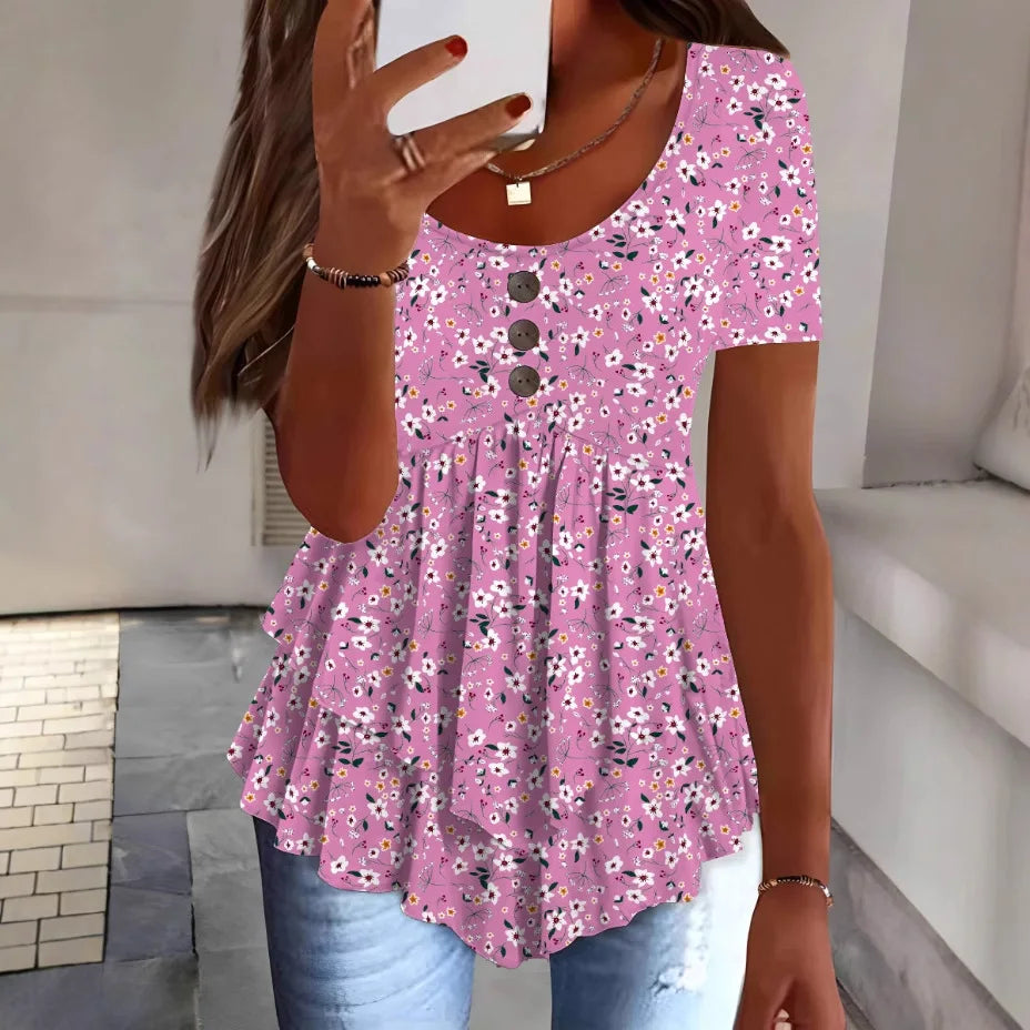 Women Summer Tops Tees Sexy Vintage Blouse Cotton Ruffles Short Sleeve Shirt Ruffles T Shirts Loose Casual Tees