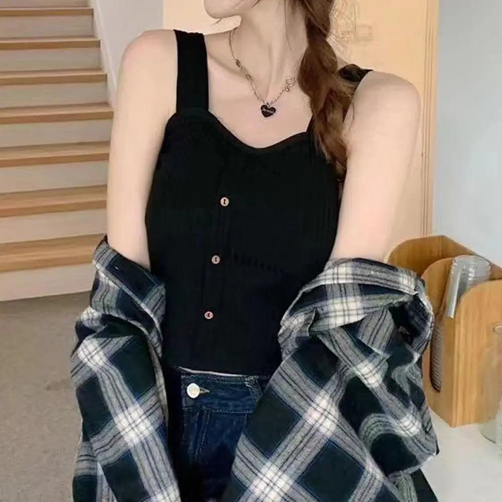 Woman's Top With Built In Bra Button Padded Bra Lady's Top Strap Vest Tank Top Summer Girls Cute Women Casual Female Camisole