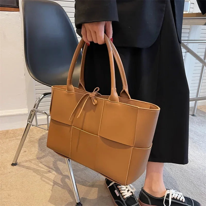 Large Capacity Handbags for Women 2022 Fashion Leather Woven Tote Bags Designer Solid Color Lacing Plaid PU Shoulder Bags