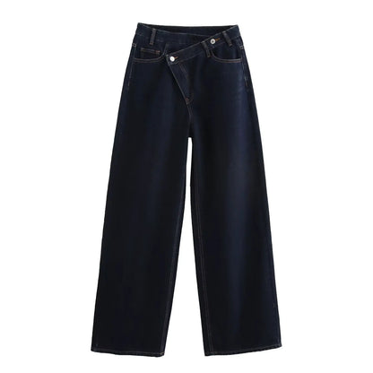 Women's new chic fashion asymmetrical waist design loose high waist wide leg jeans retro side pocket zipper women's denim pants