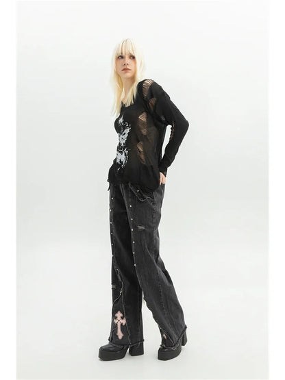 Women Clothing Black Gothic Jeans Pink Cross Y2k Oversize Loose Aesthetic Denim Trousers Harajuku Korean 2000s Jean Trashy Pants