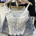 Women Clothing Heavy Beading Floral Tank Sexy Crop Tops Ropa Mujer Lace Butterfly Top Navel Baring Sexy Cropped Top Summer Camis