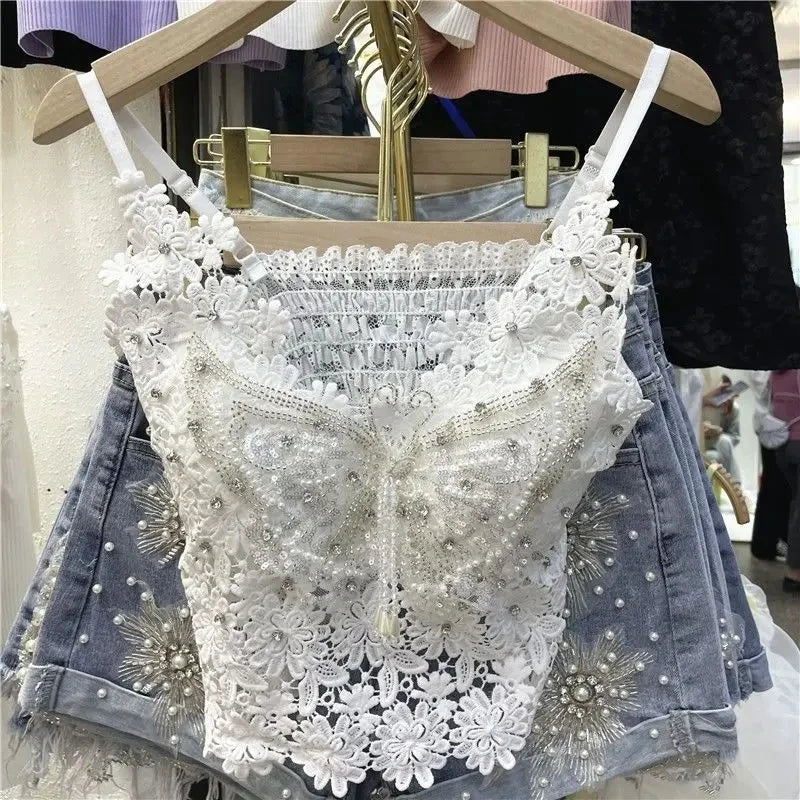 Women Clothing Heavy Beading Floral Tank Sexy Crop Tops Ropa Mujer Lace Butterfly Top Navel Baring Sexy Cropped Top Summer Camis