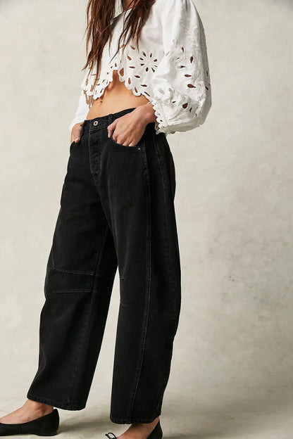 Cotton Denim Long Jeans For Women Trousers Casual  High Waisted Jeans Cropped Pants For Spring Summer Boho Beach Baggy Jeans