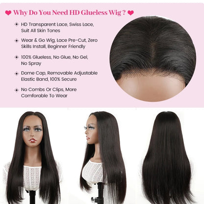 Wear Go Glueless Wig Malayaisn Straight 4x4  Lace Wig Preplucked Human Wigs Ready To Go Pre Cut Pre Bleached Knots