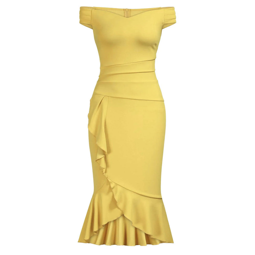 Women's elegant party dresses Off Shoulder V-Neck Ruffle Pleat Waist Slit Dress classic fishtail skirt  traf vestidos para mujer