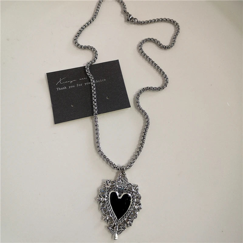 Punk Rock Black Heart Cross Pendant Chain Necklace For Men Women Cool Hip Hop Street Vintage 90s Y2K Grunge Goth Accessories