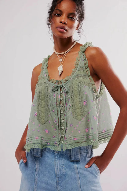Sleeveless Tank Tops For Women Blouses Summer Boho Beach Wear 100%Cotton Splicing lace Shirts Loose Casual Ladies Blusas Camis