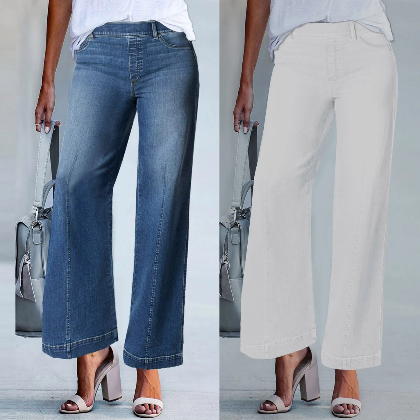 New Wide Leg Jeans For Women Seamed Front Wide Leg Jeans Solid Color Casual Fashion Straight Elastic Waist Trousers For Women