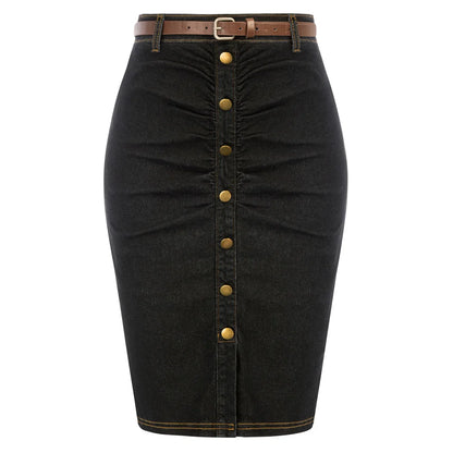 BP Women Vintage Jean Skirt With Belt High Waist Ruched Front Bodycon Skirt