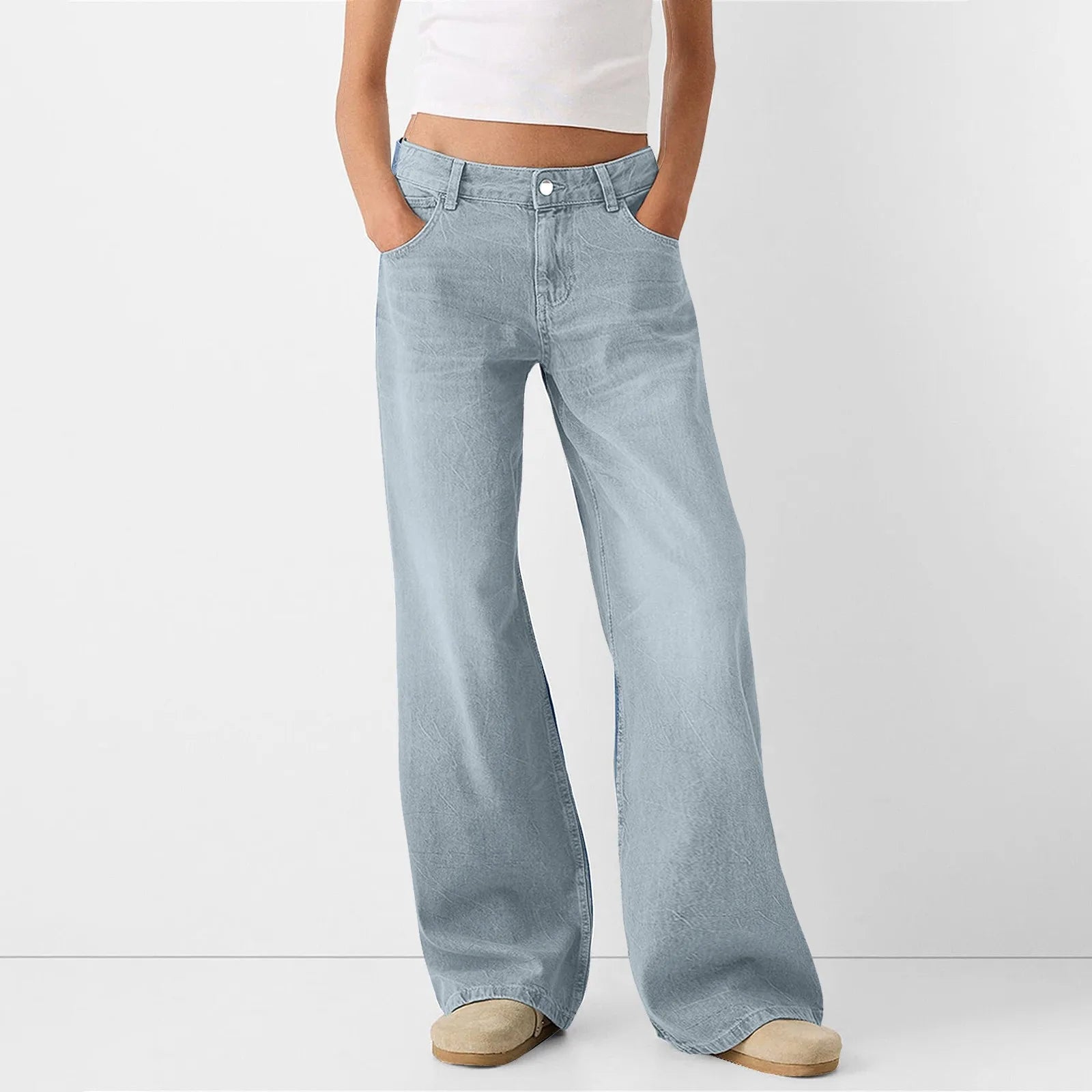 Women Fashion Denim Jeans Retro Ladies Loose Straight Pants Mid Waist Button Pocket Trousers Casual De Mujer Pantalon Femme