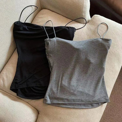 Sleeveless Tees Tank Tops For Women Camisole Vest Cropped Top Slim Fit Solid Color Spaghetti Strap Built In Bra Women Clothes