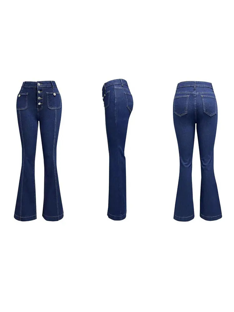 Elegant Single Breasted Women's Denim Flare Pants Retro High Waist High Package Slim Commute Jeans 2025 New Chic Ladies Trousers