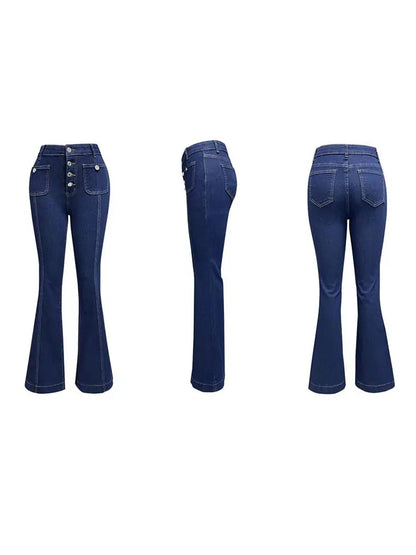 Elegant Single Breasted Women's Denim Flare Pants Retro High Waist High Package Slim Commute Jeans 2025 New Chic Ladies Trousers