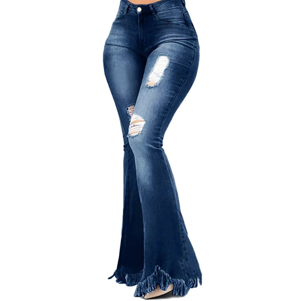 Jeans Women Long Pants Flare Pant Slim Fit Bodycon Y2k Streetwear Casual Elegant Splice Denim Trousers Solid Hole High Waist