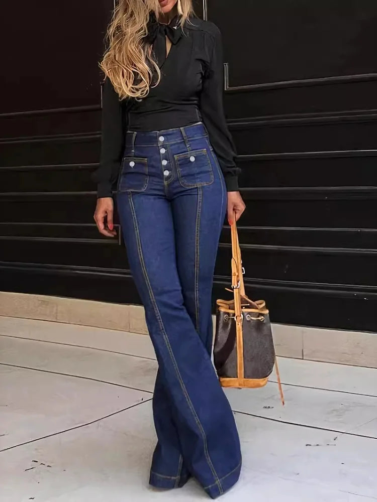Women Fashion Vintage  Washing Denim Long Pant Wide Leg High Waist Jeans 2025 New Lady Summer Commuter Y2k  Denim Trousers