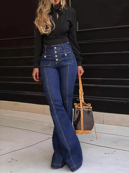 Women Fashion Vintage  Washing Denim Long Pant Wide Leg High Waist Jeans 2025 New Lady Summer Commuter Y2k  Denim Trousers