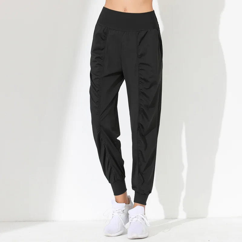 Woman Yoga Pants Hem Bound Running Fitness Loose Slim Quick-Dry Yoga Pants Pleated  Capris Pockets Jogging Pants Sports pants