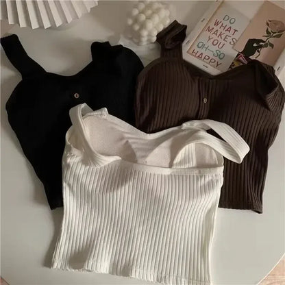 2025 Women's Cropped Tops with Bra Pads Summer Corset Korean Suspenders Vest Sexy Camisole Slim