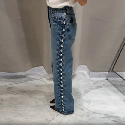 Women's Fashion Punk Washing Denim Pant Vintage Metal Straight Wide Leg Long Jeans 2025 New Lady Y2k Fashion Denim Trousers
