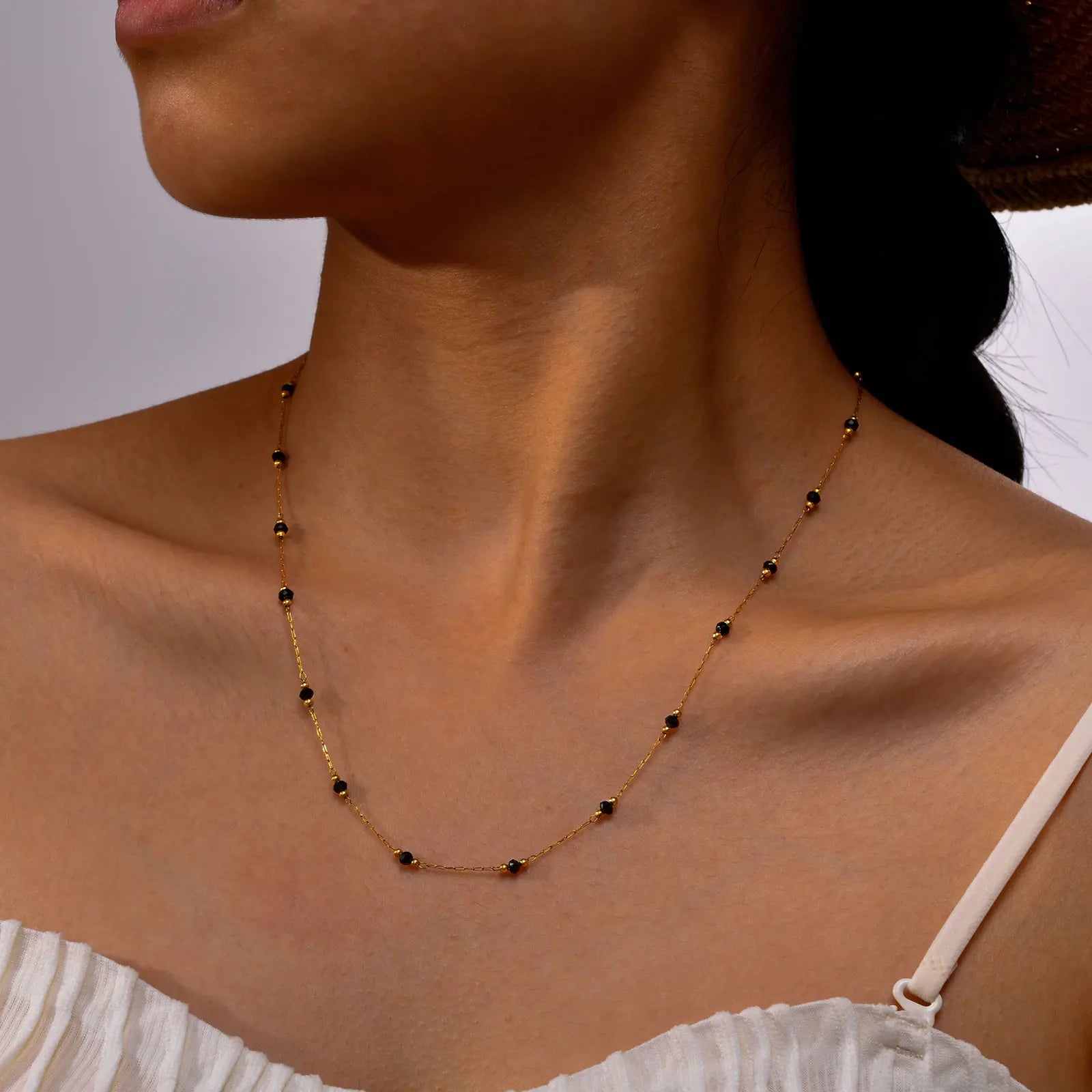 Bohemian Necklace Beaded Strap Chain Women Fashion Lanyard Neck Chain Jewelry Stainless Steel Green/Black Faceted Beads Necklace
