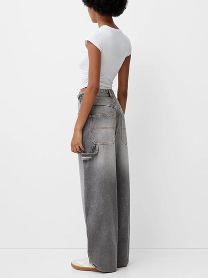 Women Wide Leg Denim Pants Casual Loose Vintage Distressed Jeans Trousers for Work Office Streetwear