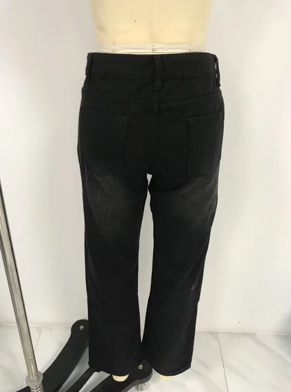 Women's Denim Trousers 2025 Autumn Winter Latest Irregular Print Loose Pants Low Waist Pleats Washed Worn Multi Colored Jeans