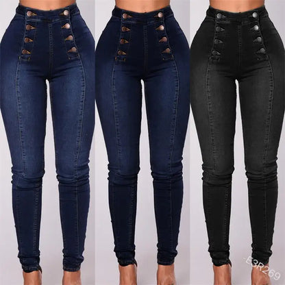 Women Elegant Vintage Stretch Bodycon Jeans Fashion Casual Double Breasted High Waist Skinny Denim Pants Trousers