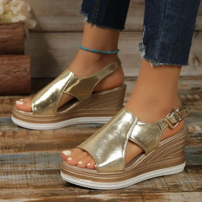 Women Shoes  Fashion Peep Toe Women Wedge Sandals Summer High-heeled Fish Mouth Shoes Soft Leather Height-increasing Beach Shoes