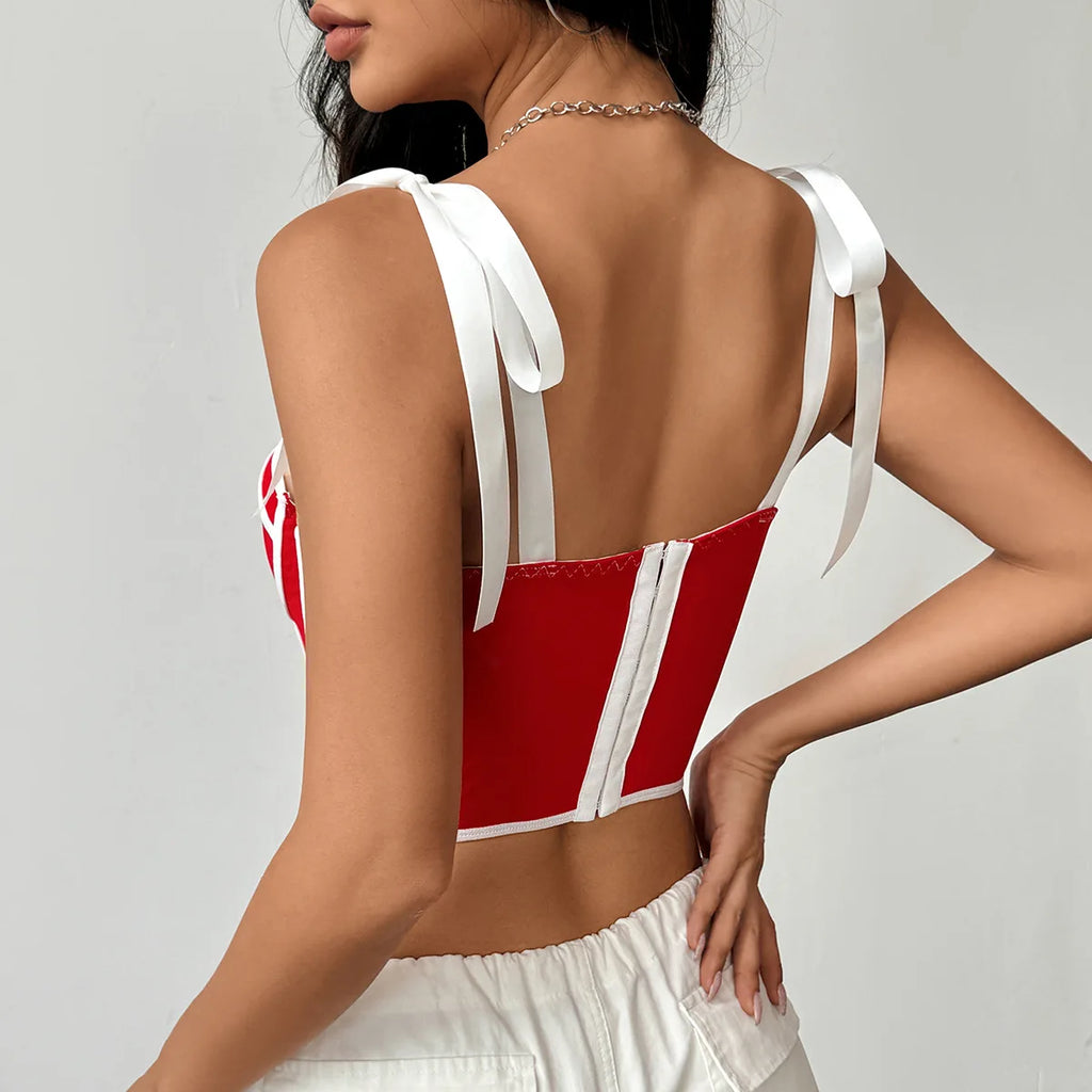 Woman Clothing Top Women T-shirt Tank Top Female Clothes Tops Tanks Camis Crop Top Y2K Sexy Ribbon Tie-Up Fishbone Camisole