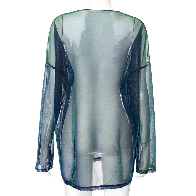 See Through T Shirts For Women Y2k Clothes Sexy Crop Tops Long Sleeve Oversized Tshirt O-Neck Club Outfit Reflective Egirl Tees