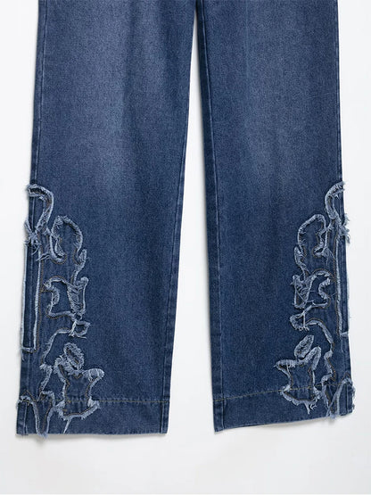 European style new women's fashion versatile temperament straight embroidered low waist jeans trousers