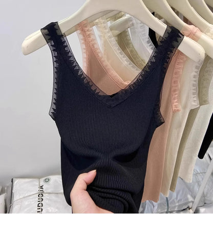 2025 Women Summer Fashion Thin Knitted Undershirt Sleeveless Corset Top Half High Neck Comfortable Breathable Lace Tank Top New