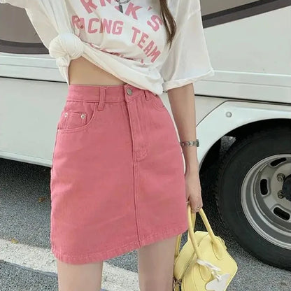 JMPRS Sweet Pink Women Denim Skirts High Waist Student A Line Korean Solid Mini Skirt Causal Summer Vintage Ladies Jeans Skirt
