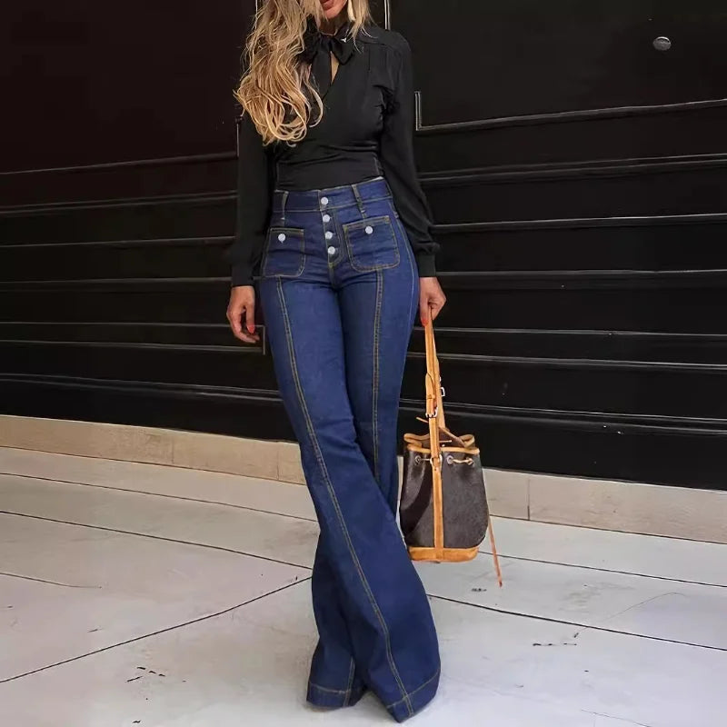 Women Fashion Vintage  Washing Denim Long Pant Wide Leg High Waist Jeans 2025 New Lady Summer Commuter Y2k  Denim Trousers