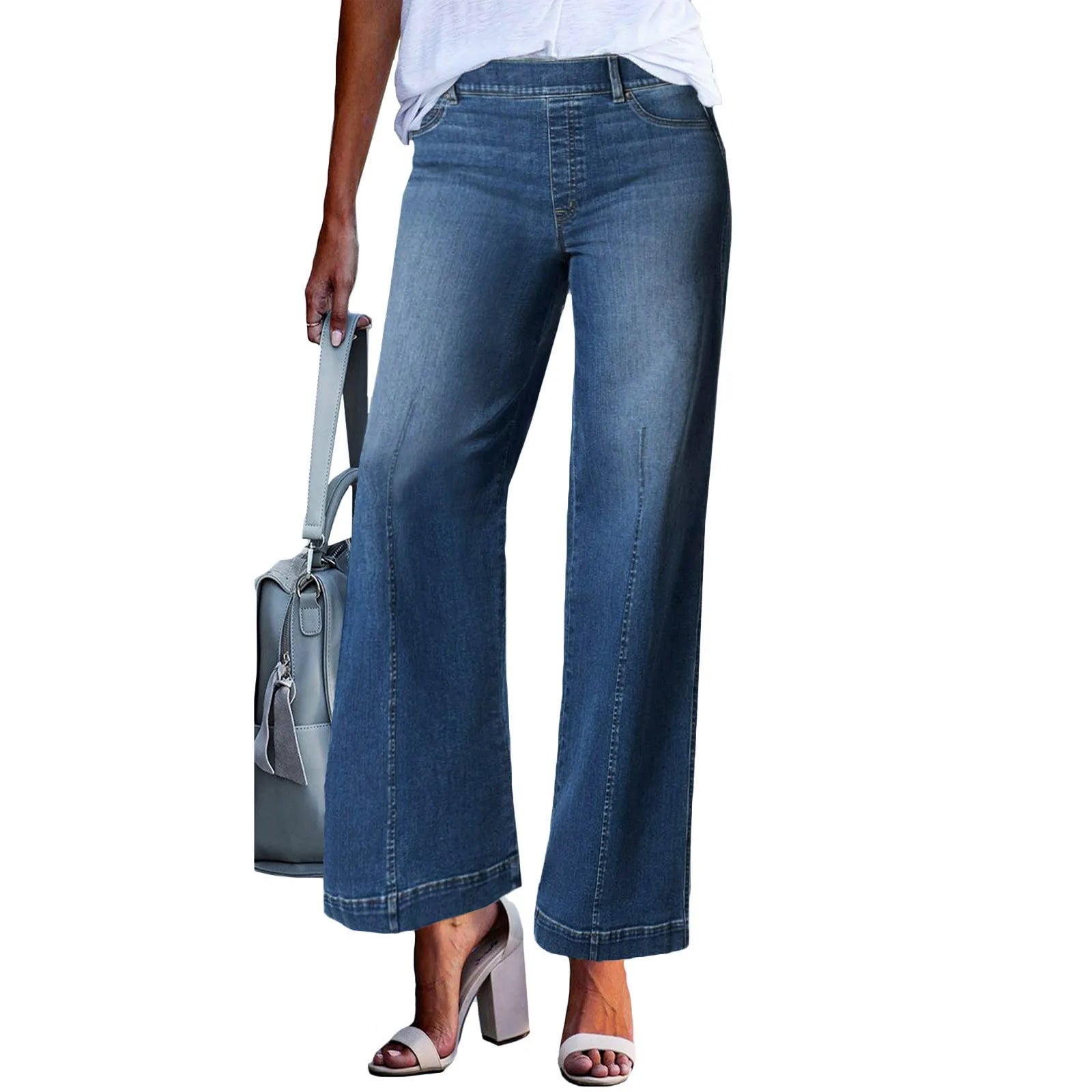 New Wide Leg Jeans For Women Seamed Front Wide Leg Jeans Solid Color Casual Fashion Straight Elastic Waist Trousers For Women