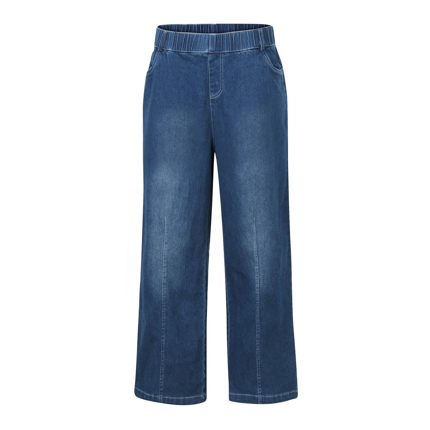 New Wide Leg Jeans For Women Seamed Front Wide Leg Jeans Solid Color Casual Fashion Straight Elastic Waist Trousers For Women
