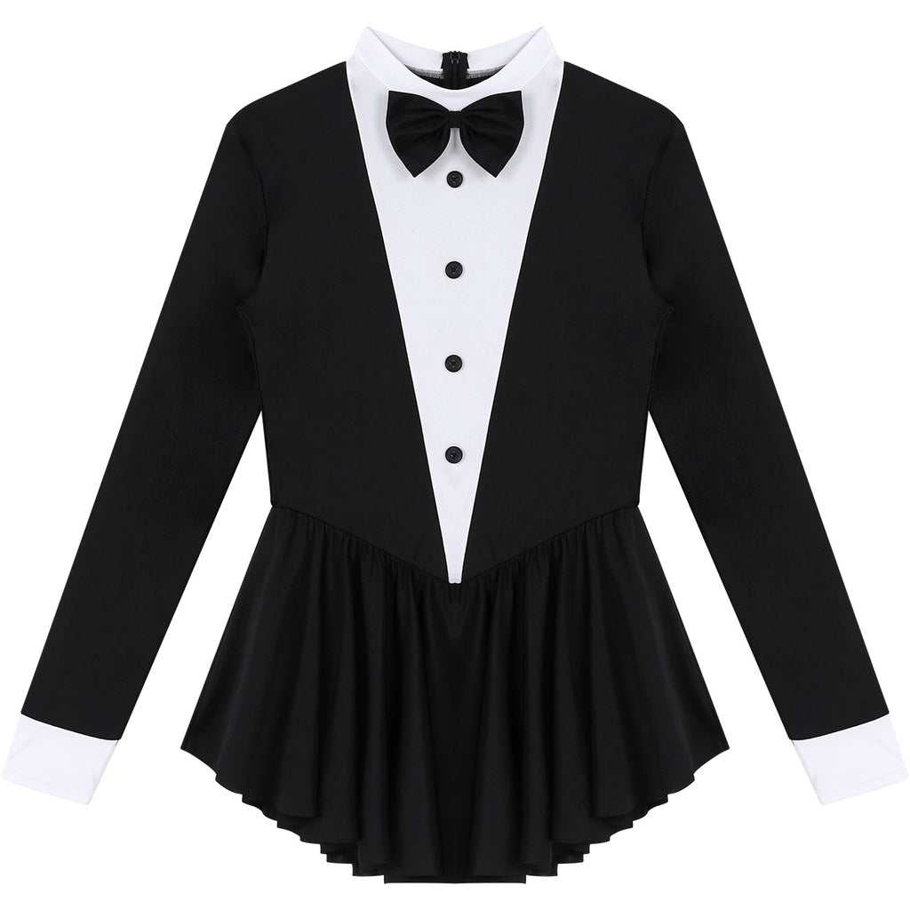Women Waitress Cosplay Costume Dancewear Long Sleeve Ballroom Latin Dance Dress Bowknot Ruffle Tuxedo Leotard Dresses Clubwear
