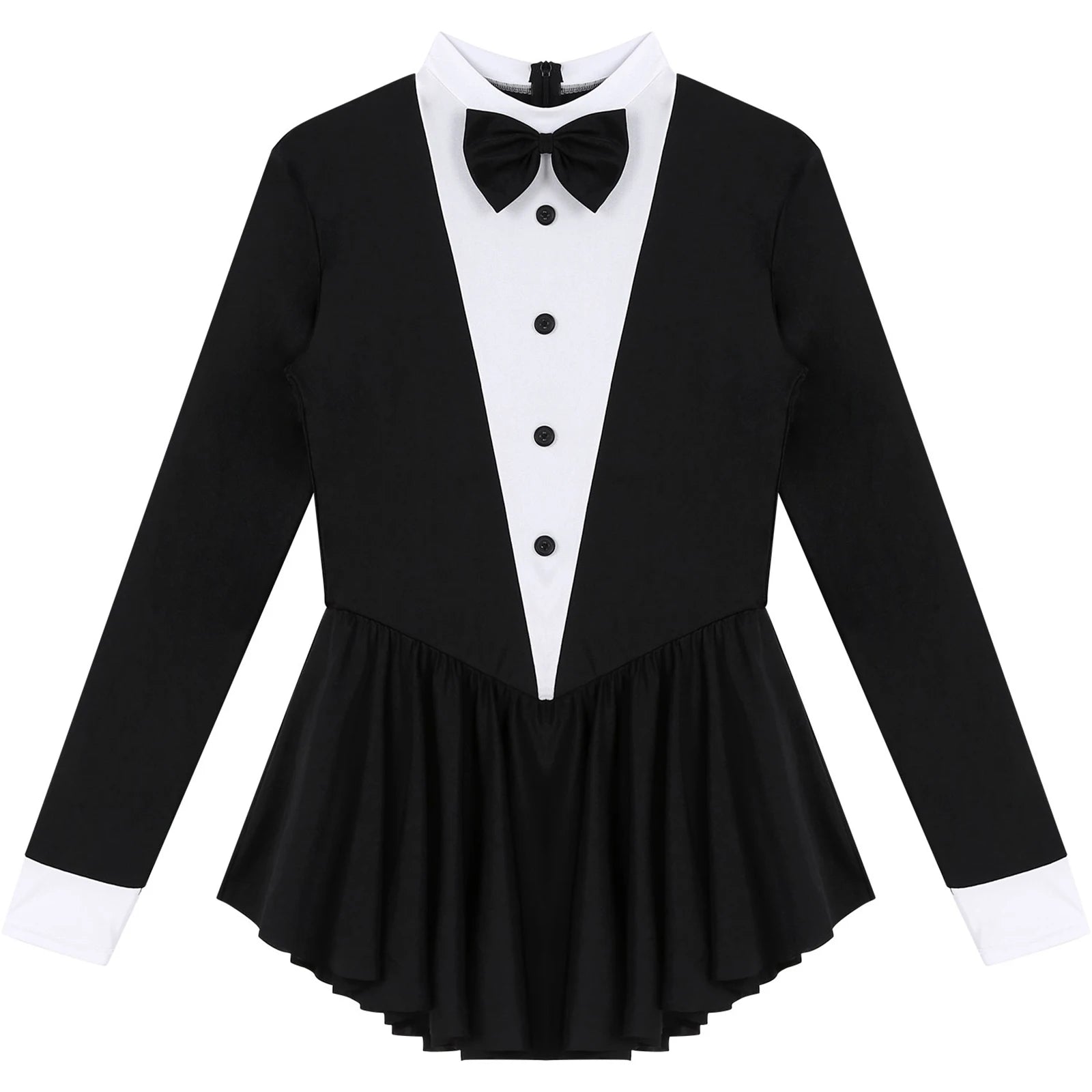 Women Waitress Cosplay Costume Dancewear Long Sleeve Ballroom Latin Dance Dress Bowknot Ruffle Tuxedo Leotard Dresses Clubwear