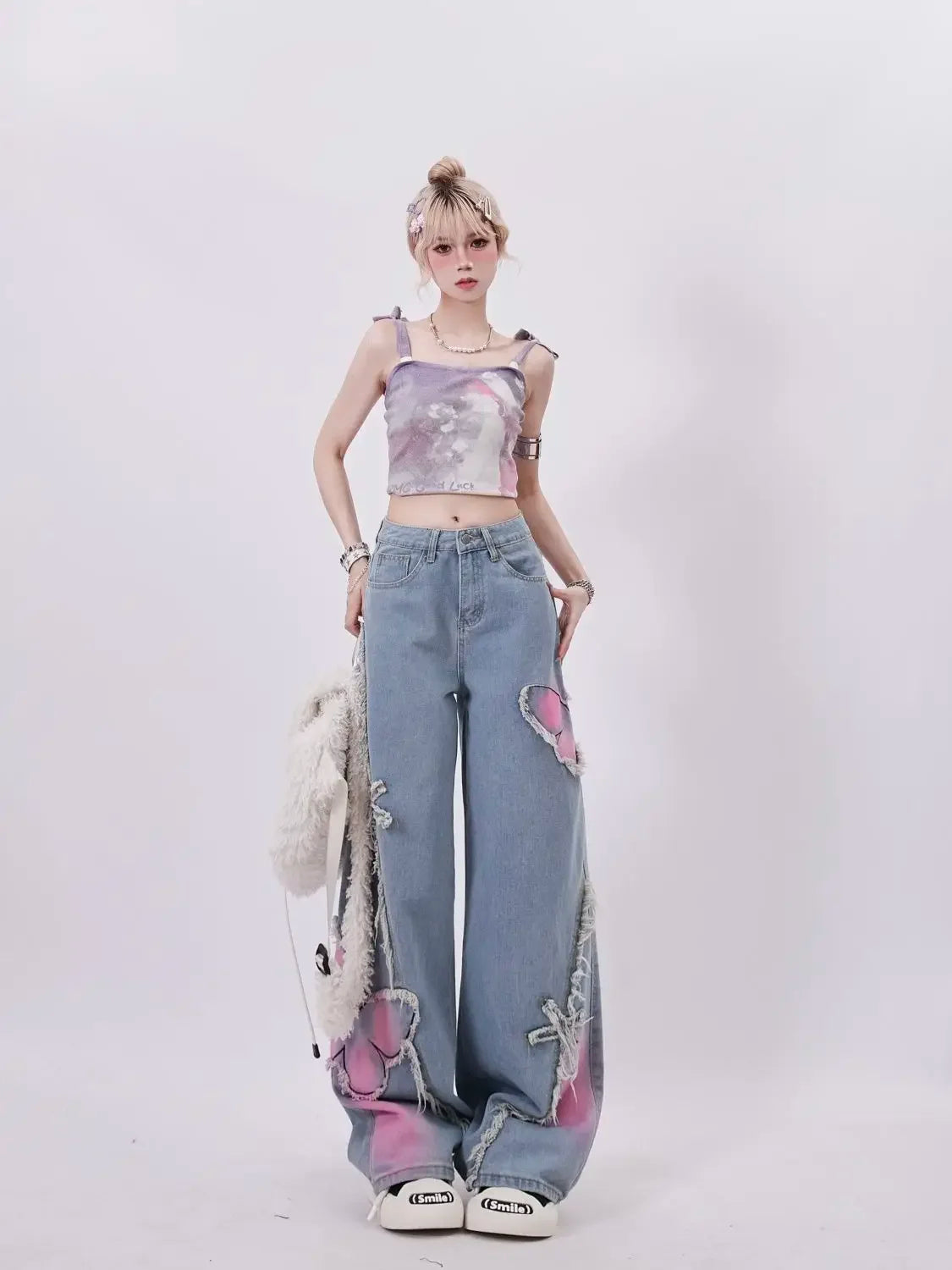 Denim Pants for Women Butterfly Gyaru Womens Jeans Embroidered 90s Loosefit 2025 Fashion Trousers Pant Cool Stretched Wide Leg Z