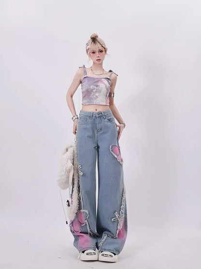 Denim Pants for Women Butterfly Gyaru Womens Jeans Embroidered 90s Loosefit 2025 Fashion Trousers Pant Cool Stretched Wide Leg Z