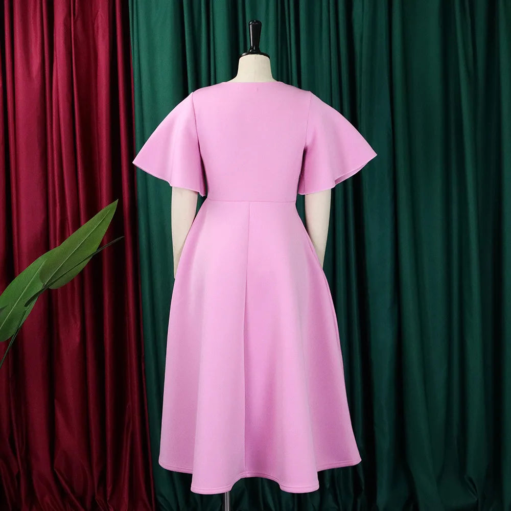 Dress Women Sexy Dresses White Round Neck Flare Sleeve Party Sheath Pleated High Waist Work Elegant Bodycon Mid Length Vestidos